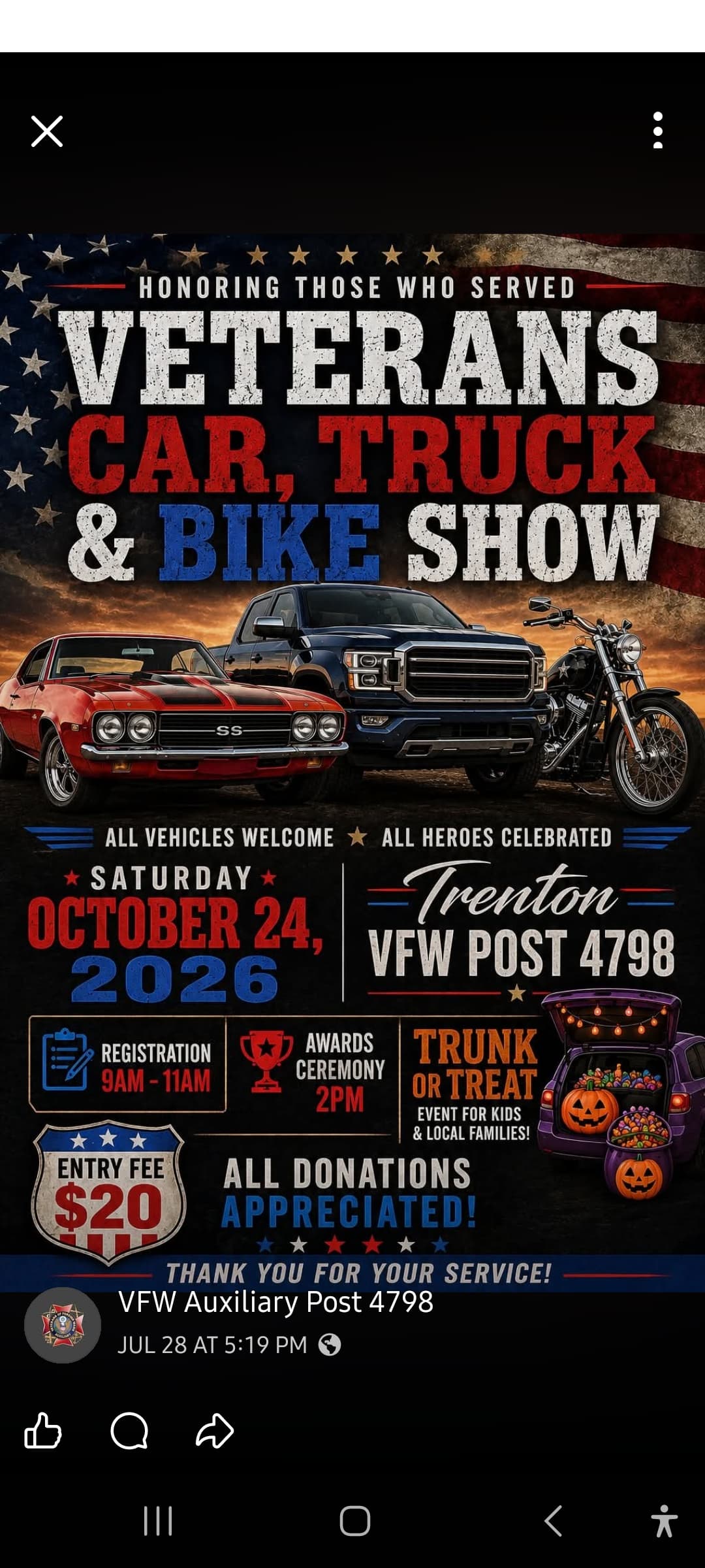 VFW Post #4798 Trick or Trunk Car,  Truck and Bike Show