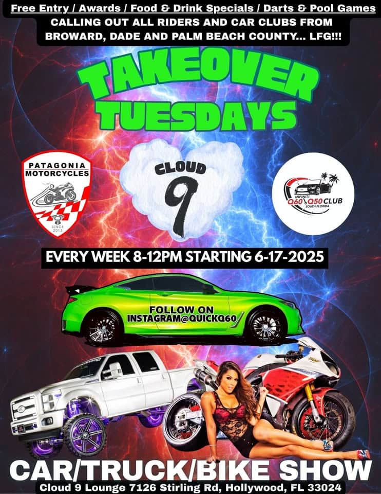 “Takeover Tuesdays” Weekly Bike/Car/Truck Show at Cloud 9 Lounge