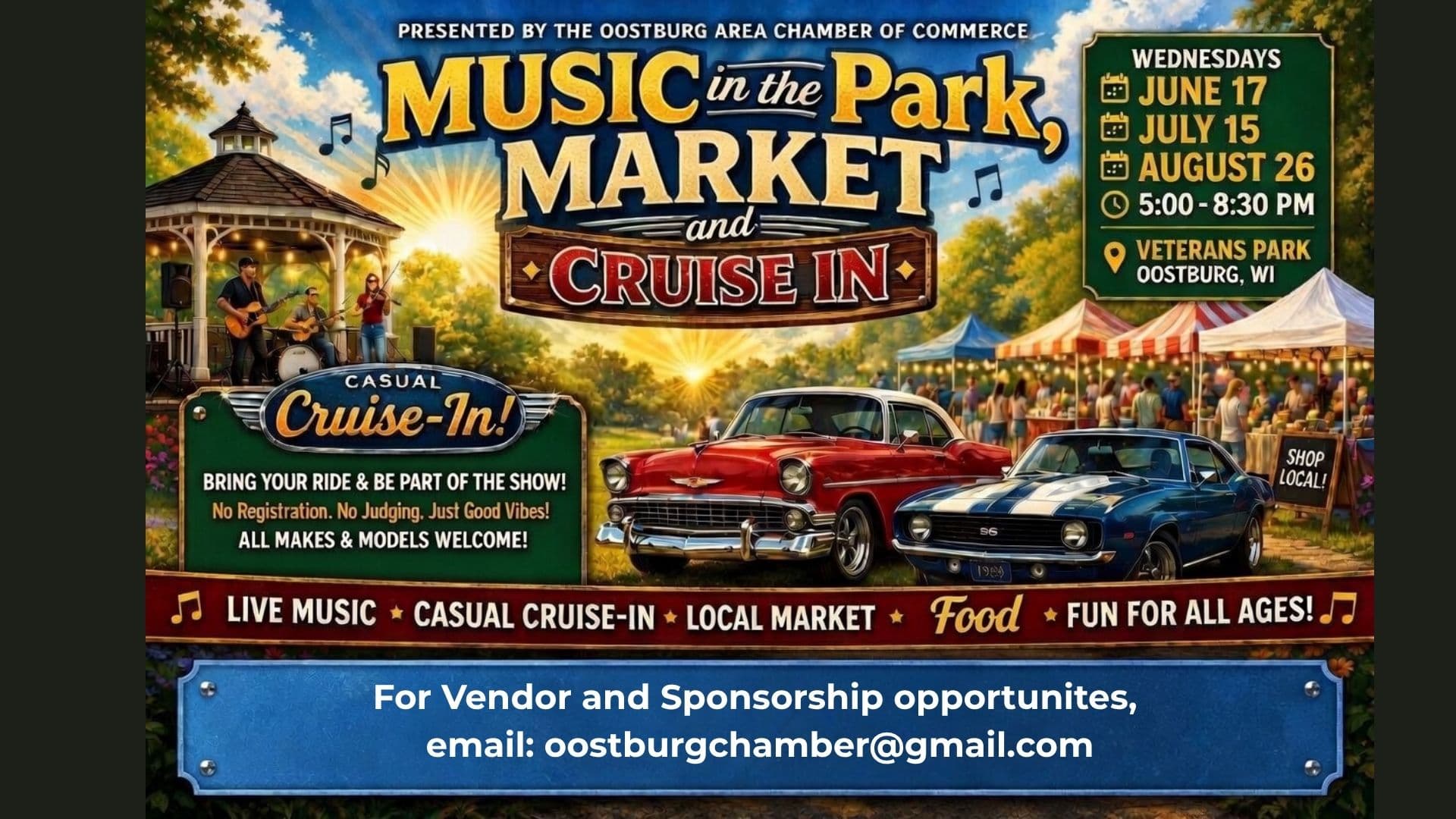 Music in the Park, market, and Cruise-In