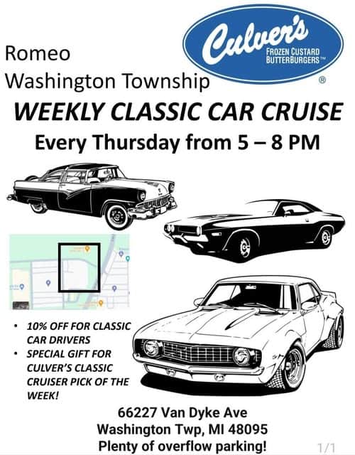Washington Township Culver’s Weekly Classic Car Cruise