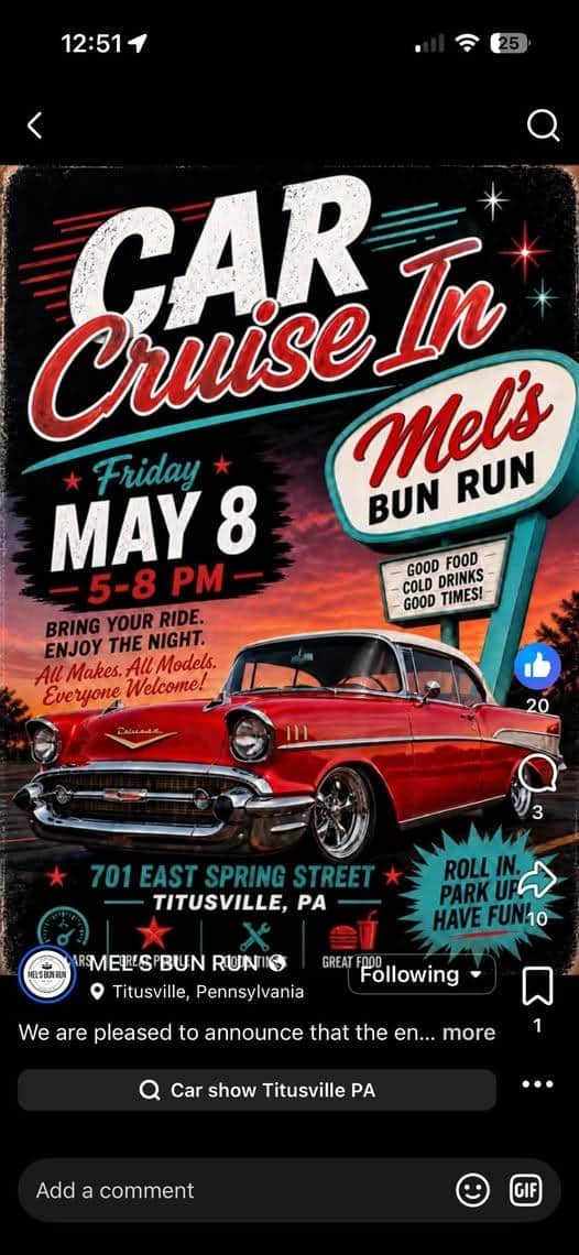 Mel’s Bun Run Presents Car Cruise-In Night!