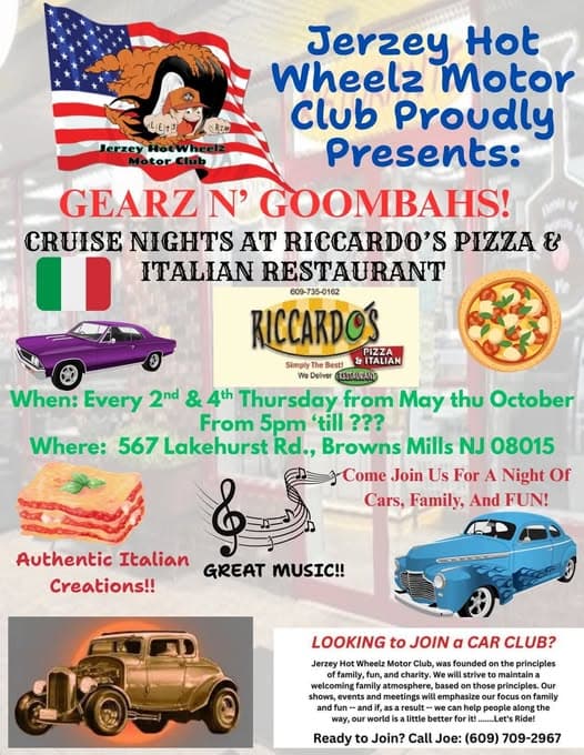 Jerzey Hot Wheelz Motor Club Proudly Presents: Gearz N’ Goombahs! Cruise Nights at Riccardo’s Pizza & Italian Restaurant