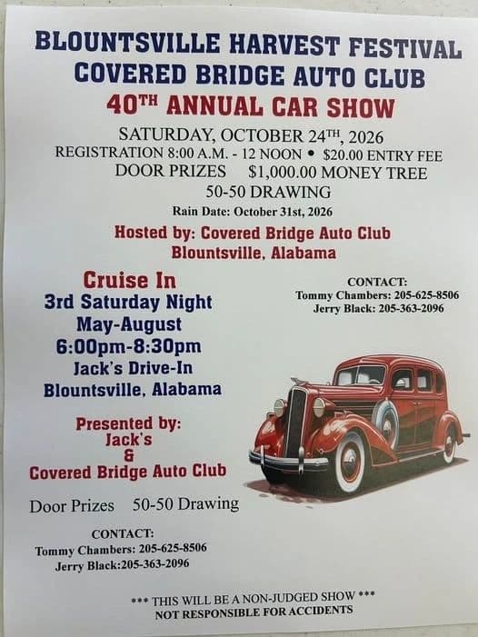Blountsville Harvest Festival Covered Bridge Auto Club 40th Annual Car Show