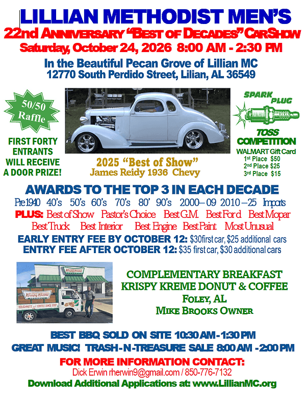 Lillian Methodist Men’s 22nd Anniversary “Best of Decades” Car Show