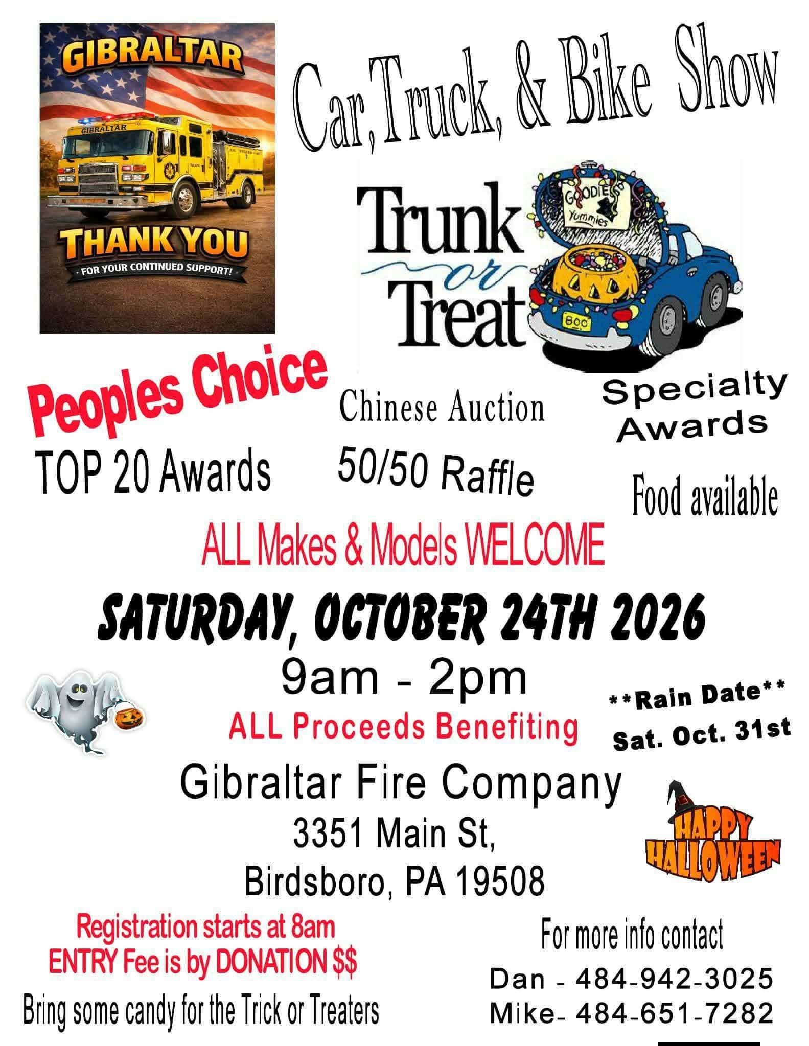 Gibraltar Fire Company Car, Truck, & Bike Show and Trunk or Treat