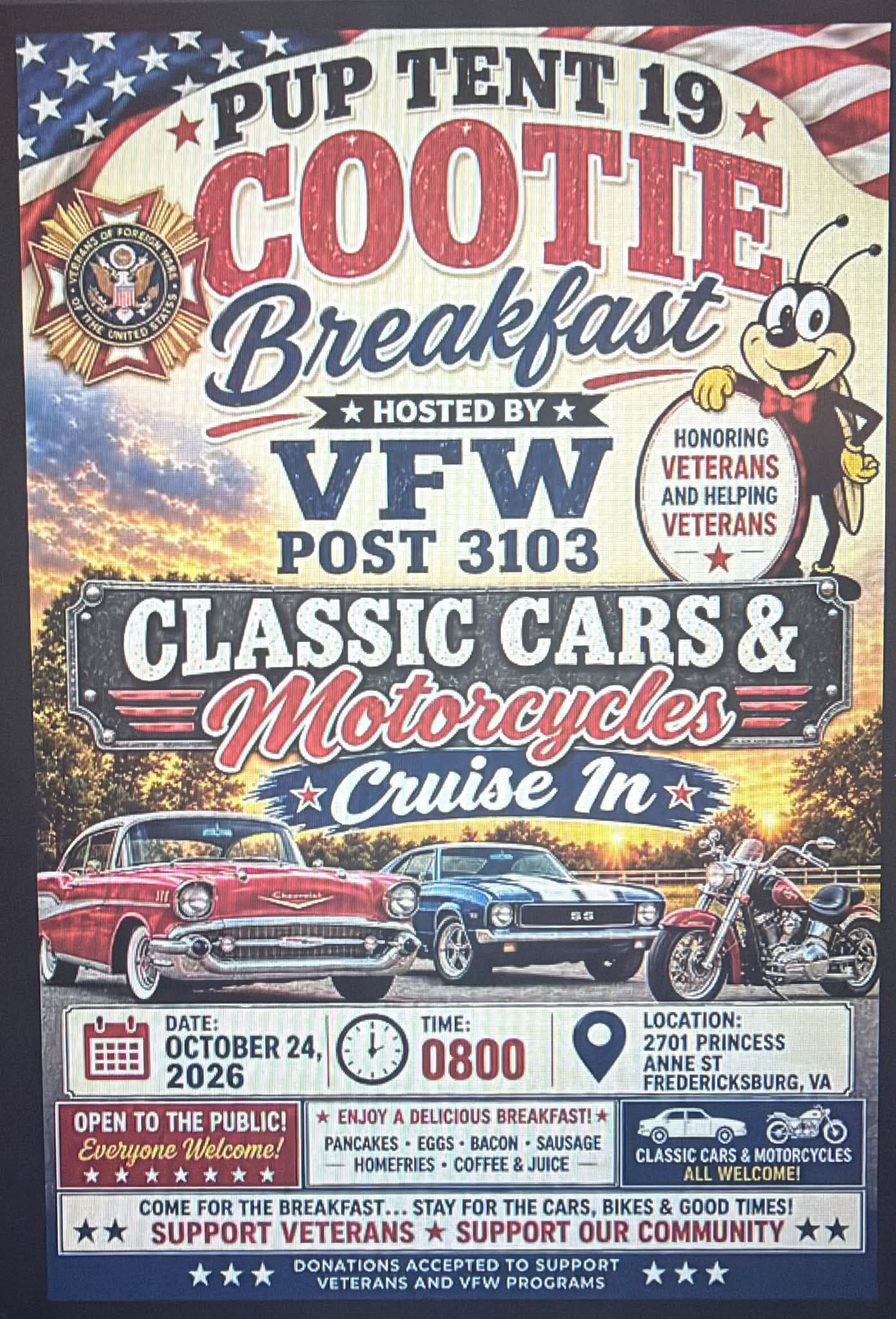 Pup Tent 19 Cootie Breakfast Classic Cars & Motorcycles Cruise In