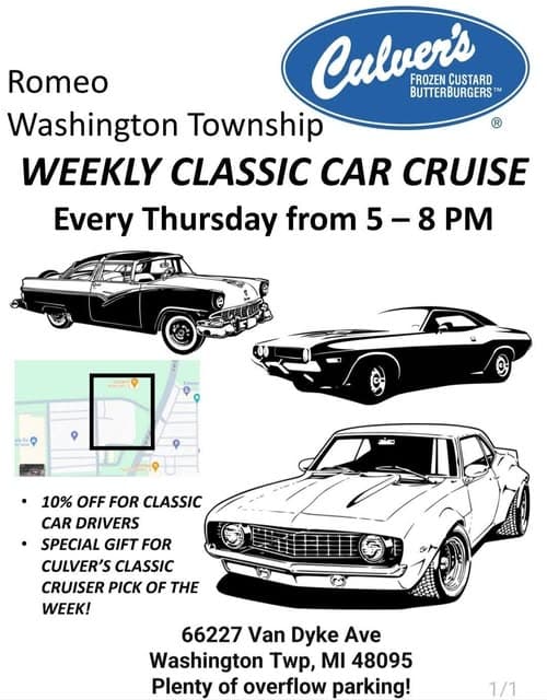 Washington Township Culver’s Weekly Classic Car Cruise