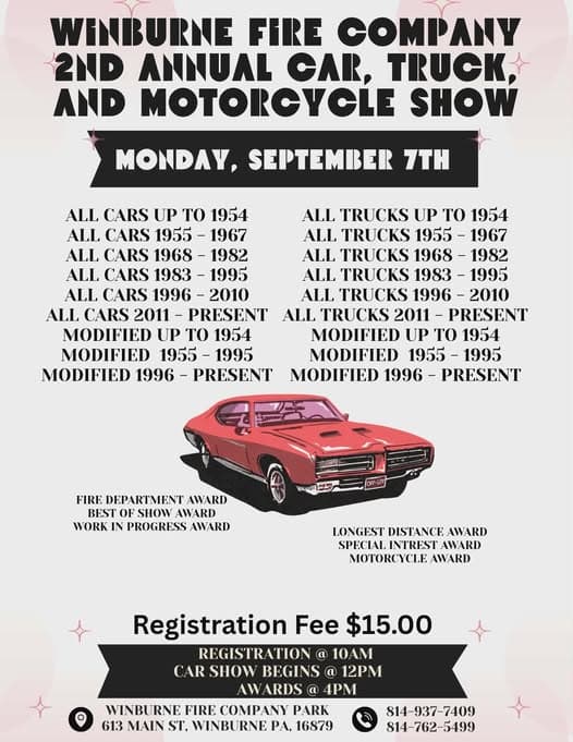 Winburne Fire Company 2nd Annual Car, Truck, and Motorcycle Show