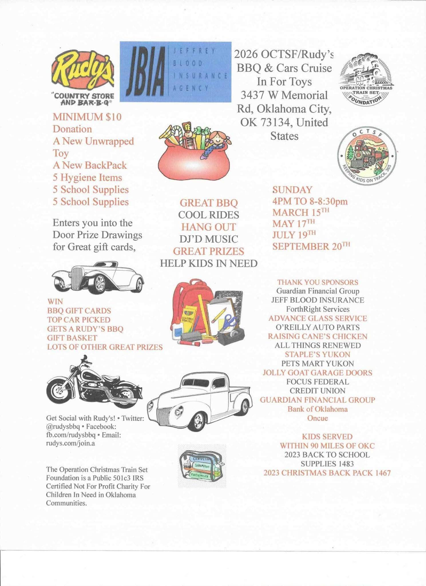 2026 OCTSF/Rudy’s BBQ & Cars Cruise In For Toys