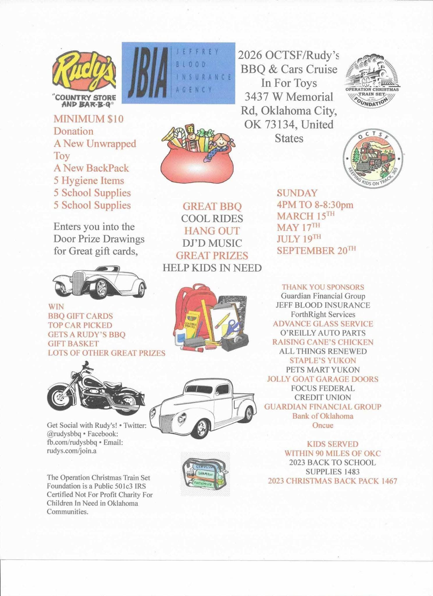 2026 OCTSF/Rudy’s BBQ & Cars Cruise In For Toys