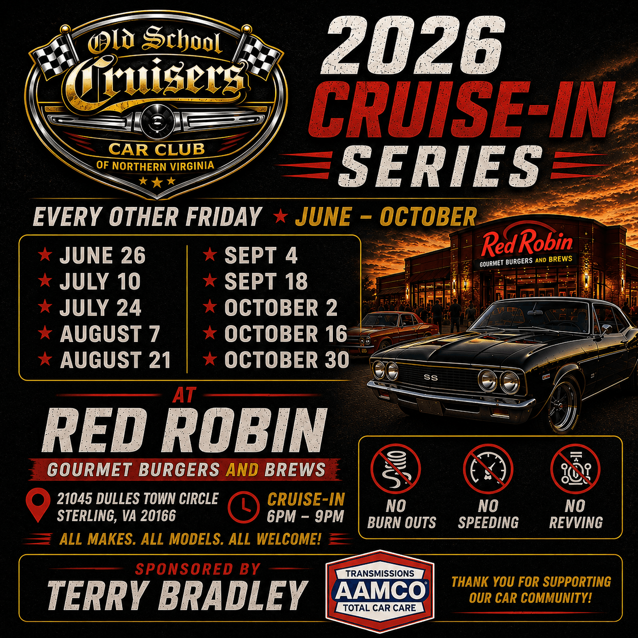Old School Cruisers for our Friday Night Cruise-In Series at Red Robin in Sterling, VA!